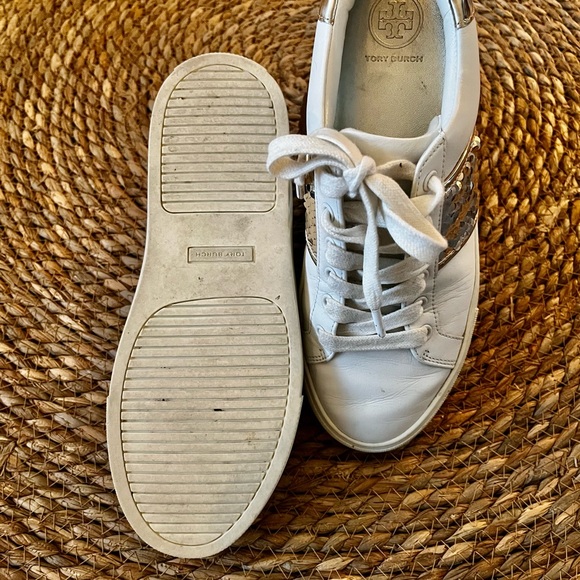 Tory Burch White/Gold Leather  Sequin blocked Carter Sneakers Size US 6.5 - Picture 3 of 4